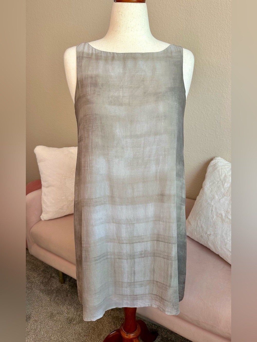 Eileen Fisher shift dress gray silk cobblestone oxidized print Women’s size PM